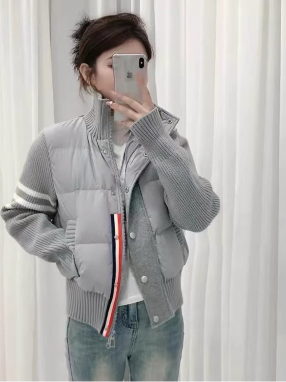 Light Gray Quilted Knit Bomber down Jacket New